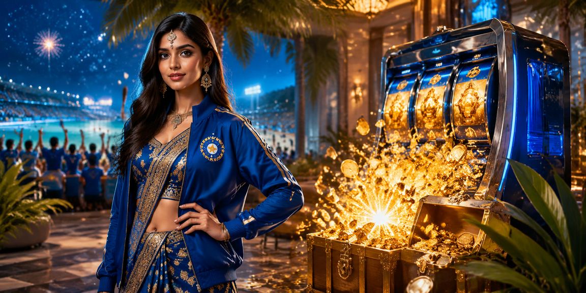 Indian cricket stadium with blue and gold night lights representing betting platform
