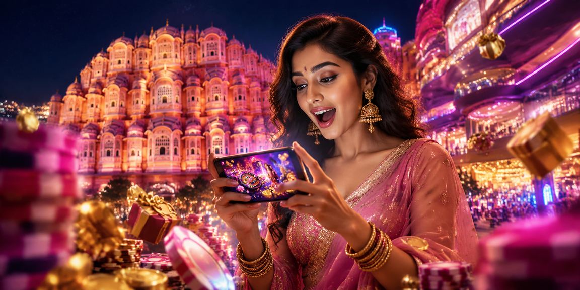 Jaipur Hawa Mahal lit with neon lights reflecting vibrant Indian casino theme