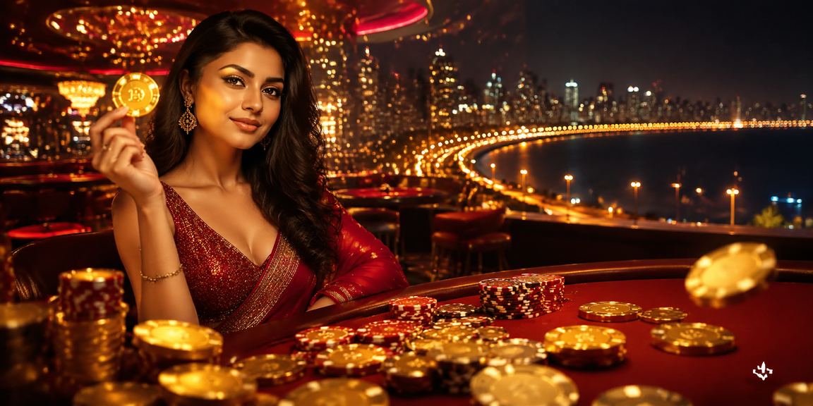 Mumbai Marine Drive evening view with Teen Patti game theme in red and gold